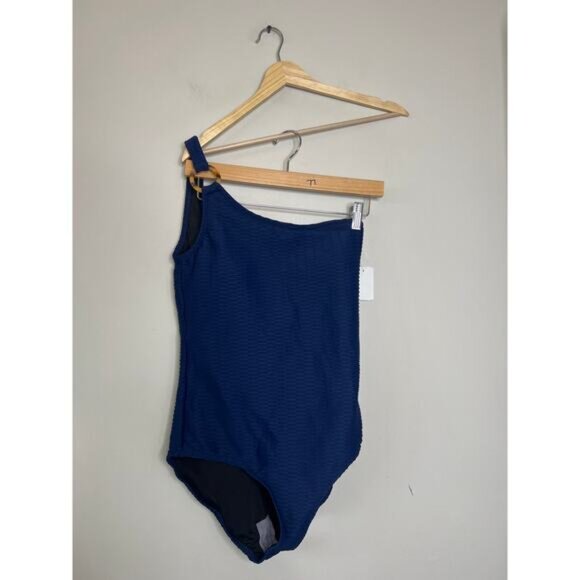 NWT Shoshanna Ring One Shoulder Geo One Piece Lined Swimsuit Navy Blue Size 10 - Picture 2 of 7